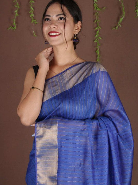 Blue Sequins Bhagalpuri Silk Handloom Striped Saree - View 3