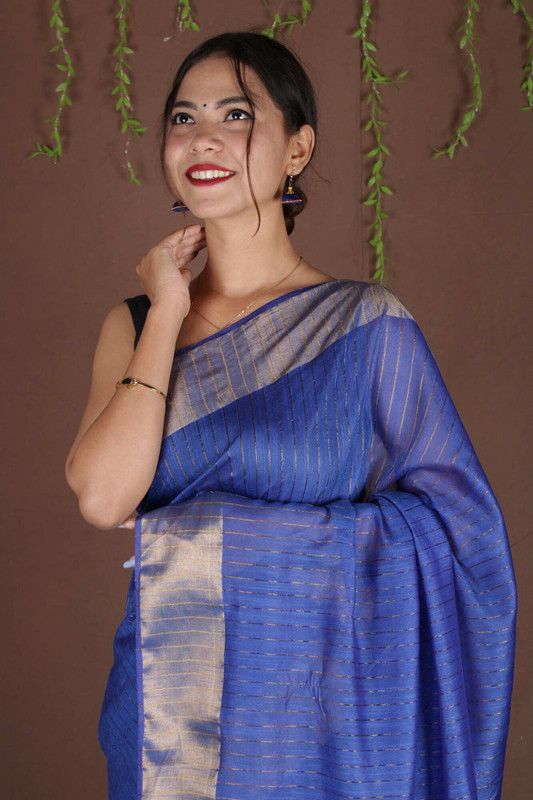 Blue Sequins Bhagalpuri Silk Handloom Striped Saree - View 3
