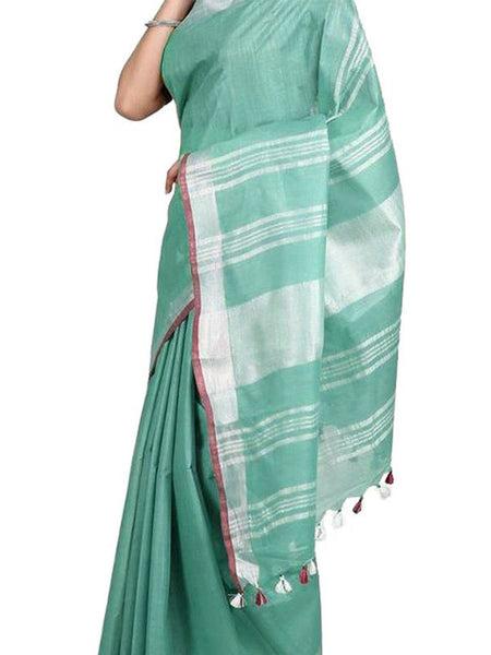 Mint Green women's Bhagalpuri Handloom Linen-Slub Saree With Contrast Blouse Piece