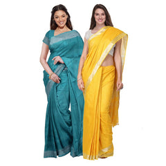 Cyan & Yellow women's Bhagalpuri Handloom Cotton-Linen Blend Saree Combo (Pack Of 2) With Running Unstiched Blouse Piece