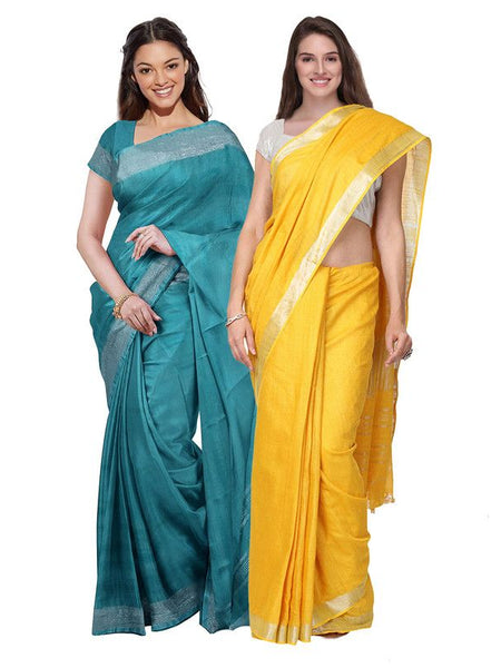 Cyan & Yellow women's Bhagalpuri Handloom Cotton-Linen Blend Saree Combo (Pack Of 2) With Running Unstiched Blouse Piece