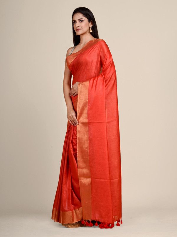 Handloom Tussar Munga Silk Handloom Blend Red Saree - View 3