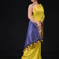Tussar Munga Silk Handloom Zari Border Two Dye Bhagalpuri Saree (Egyptian_Blue & Canary _Yellow) - View 4