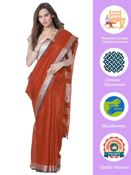 Bhagalpuri Handloom Cotton Linen Blend Saree With Contrast Unstiched Blouse Piece - View 2