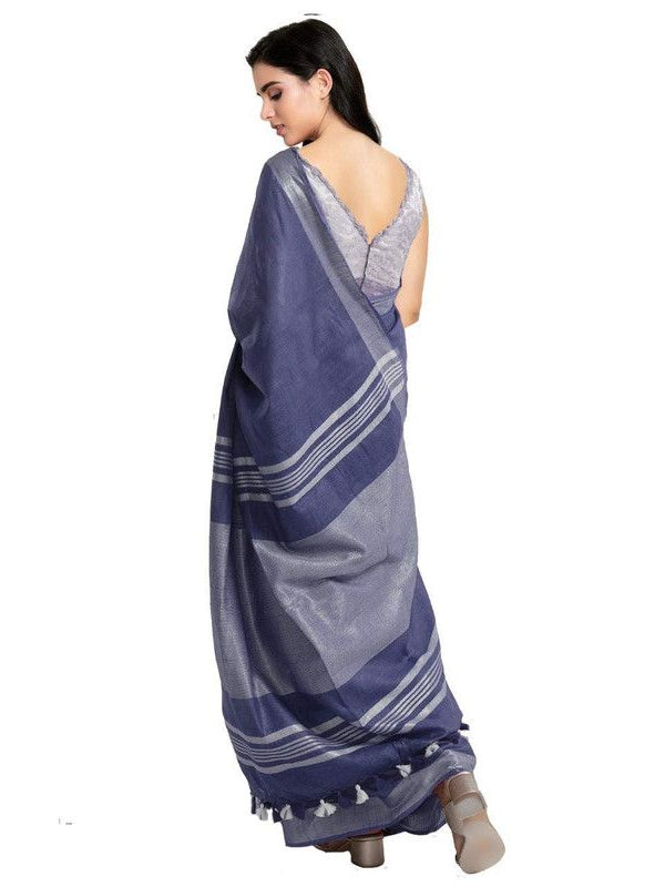 Dark Blue women's Bhagalpuri Handloom Blend Linen-Cotton Saree With Running Unstiched Blouse Piece_Free Size_Variation Of Colors - View 2