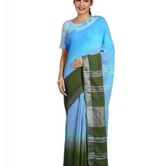 Capri Cyan & Moss Green women's Bhagalpuri Handloom Linen Cotton Blend Two Dye Saree With Running Unstitched Blouse Piece