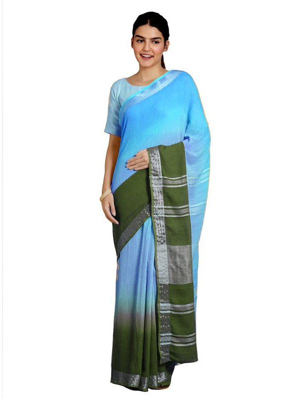 Capri Cyan & Moss Green women's Bhagalpuri Handloom Linen Cotton Blend Two Dye Saree With Running Unstitched Blouse Piece