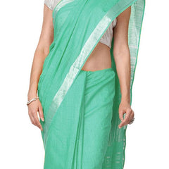 Mint Turquoise women's Handloom Bhagalpuri Cotton Linen Slub Blend Zari Border Saree Ethnic Wear With Running Unstitched Blouse Piece - View 6