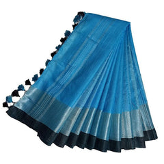 Cyan Bhagalpuri Handloom women's Linen Slub Blend Saree With Black Pipin Contrast Blouse Piece