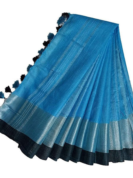 Cyan Bhagalpuri Handloom women's Linen Slub Blend Saree With Black Pipin Contrast Blouse Piece