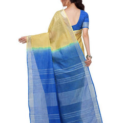 Jasmine Tan & Azure Cyan women's Bhagalpuri Handloom Ethnic Wear Linen Two Dye Saree With Running Unstitched Blouse Piece - View 4