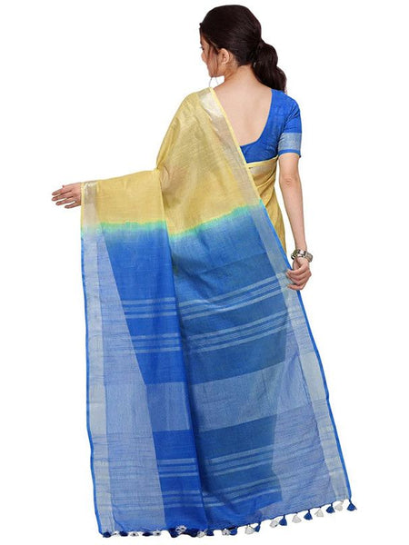 Jasmine Tan & Azure Cyan women's Bhagalpuri Handloom Ethnic Wear Linen Two Dye Saree With Running Unstitched Blouse Piece - View 4