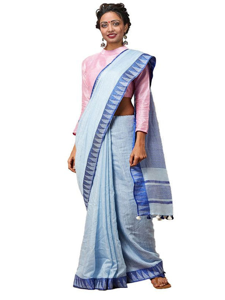 Columbian Blue women's Bhagalpuri Handloom Kota Silk Temple Border Saree And Variation Of Colors With Striped Blouse Piece - View 5