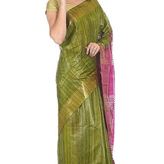 Tusasar Ghicha Bhagalpuri Silk Two Dye Saree (Sycam_Green & Hot_Pink) - View 3