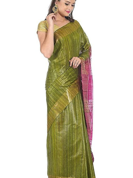 Tusasar Ghicha Bhagalpuri Silk Two Dye Saree (Sycam_Green & Hot_Pink) - View 3