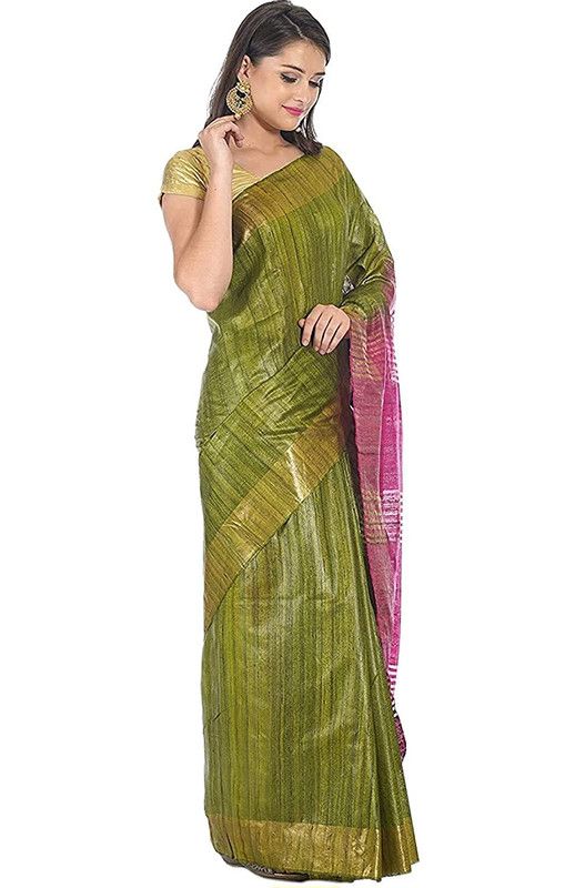 Tusasar Ghicha Bhagalpuri Silk Two Dye Saree (Sycam_Green & Hot_Pink) - View 3