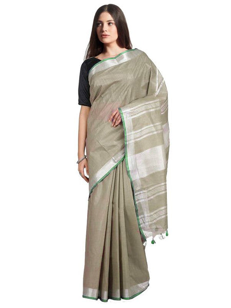 Sage Green women's Handloom Bhagalpuri Linen-Cotton Saree With Contrast Blouse Piece