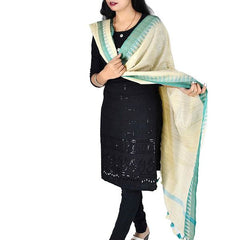 Linen Handloom Bhagalpuri Temple Dupatta with Color Border (Turquoise) - View 3