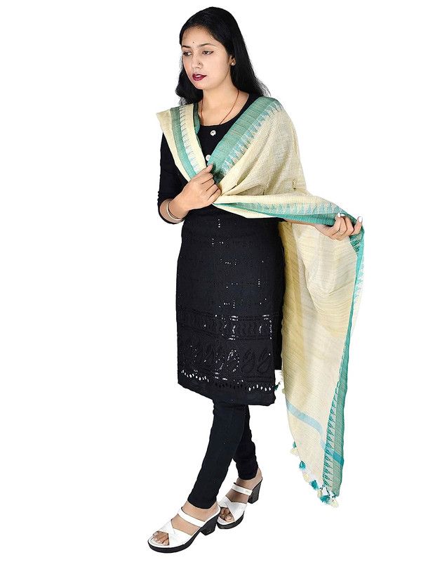Linen Handloom Bhagalpuri Temple Dupatta with Color Border (Turquoise) - View 3