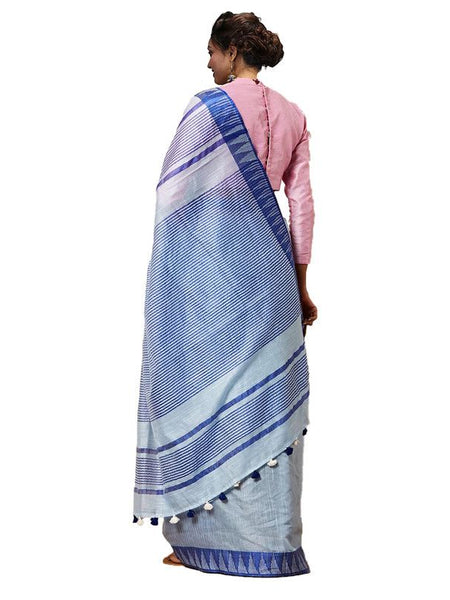 Columbian Blue women's Bhagalpuri Handloom Kota Silk Temple Border Saree And Variation Of Colors With Striped Blouse Piece