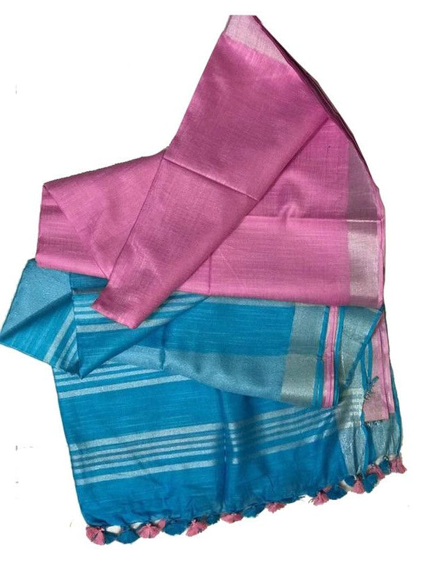 Lavender Pink women's Bhagalpuri Ethnic Wear Handloom Cotton Linen Blend Zari Border Two Dye Saree With Running Unstitched Blouse Piece