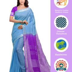 Pacific Cyan & French Violet women's Bhagalpuri Handloom Ethnic Wear Linen Two Dye Saree With Running Unstitched Blouse Piece - View 2
