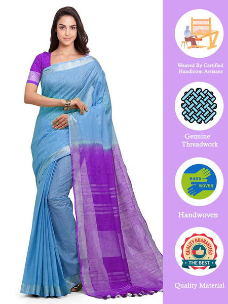 Pacific Cyan & French Violet women's Bhagalpuri Handloom Ethnic Wear Linen Two Dye Saree With Running Unstitched Blouse Piece - View 2