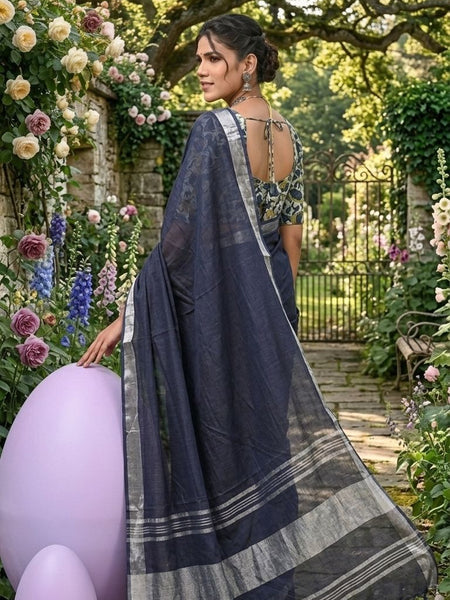 Handwoven Linen Blend Saree With Running Blouse Piece(Grey) - View 2