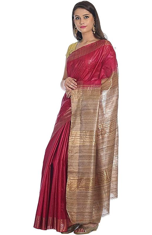 Two Dye Pure Tussar Ghicha Silk Handloom Saree (Cerise_Pink & Khahi_Brown) - View 2