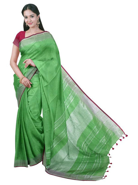 Fine Green women's Bhagalpuri Handloom Cotton Linen Blend Saree With Contrast Unstiched Blouse Piece