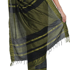 Black-Olive Green women's Bhagalpuri Handloom Katan Viscous Silk Temple Border Saree Ethnic Wear With Running Unstitched Striped Blouse Piece - View 6