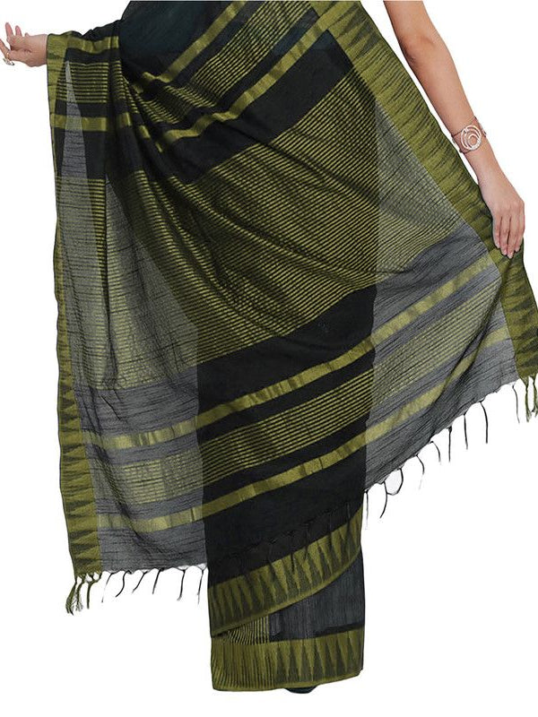 Black-Olive Green women's Bhagalpuri Handloom Katan Viscous Silk Temple Border Saree Ethnic Wear With Running Unstitched Striped Blouse Piece - View 6
