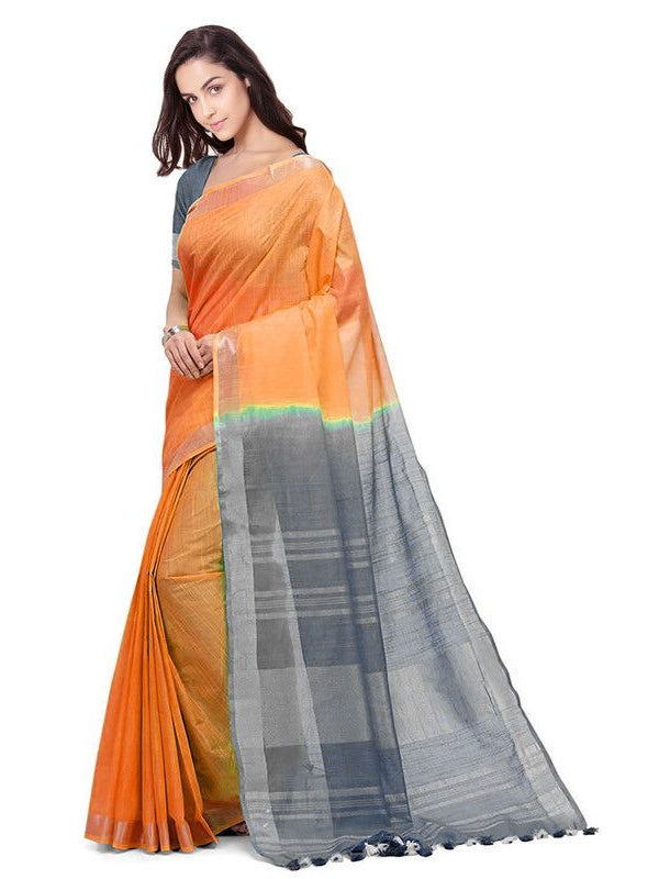 Neon Orange & Grey women's Handloom Bhagalpuri Cotton Slub Blend Two Dye Saree With Running Unstitched Blouse Piece - View 2