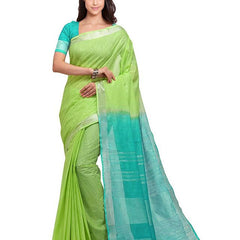 Green & Turquoise women's Bhagalpuri Handloom Pure Cotton Two Dye Saree With Running Unstitched Blouse Piece - View 2