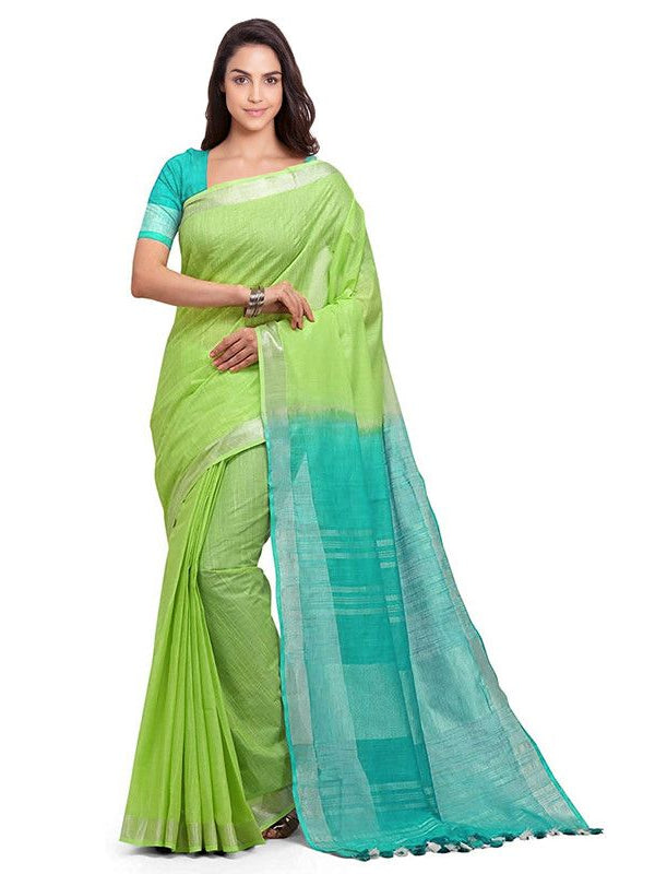 Green & Turquoise women's Bhagalpuri Handloom Pure Cotton Two Dye Saree With Running Unstitched Blouse Piece - View 2