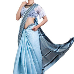 Baby Blue women's Bhagalpuri Handloom Kota Silk Temple Border Saree And Variation Of Colors With Striped Blouse Piece