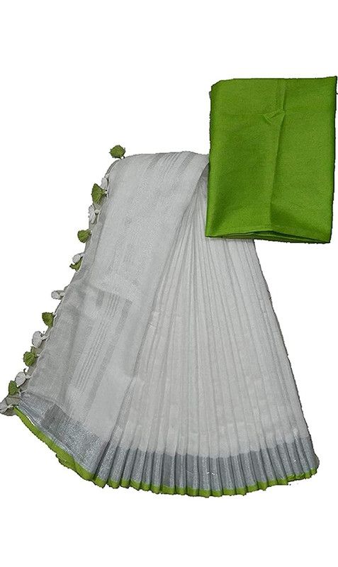 White-Parrot women's Bhagalpuri Blend Linen Saree With Contrast Blouse Piece - View 5