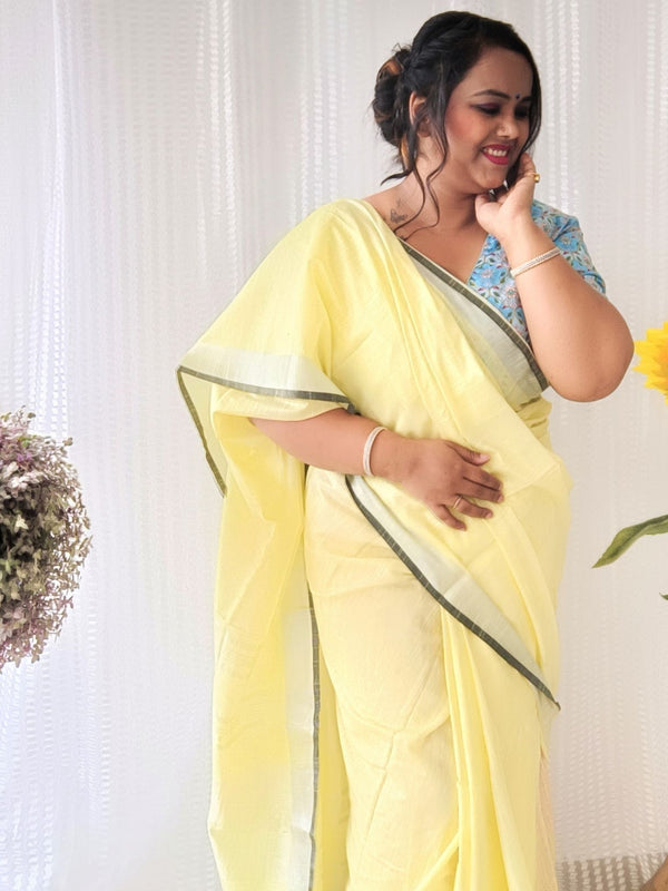 Beige-Black women's Bhagalpuri Blend Linen Saree With Contrast Blouse Piece
