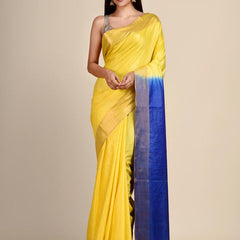 Bhaglpuri Handloom Tussar Silk Munga Blend Canary Yellow & Bayie Blue Saree for women's