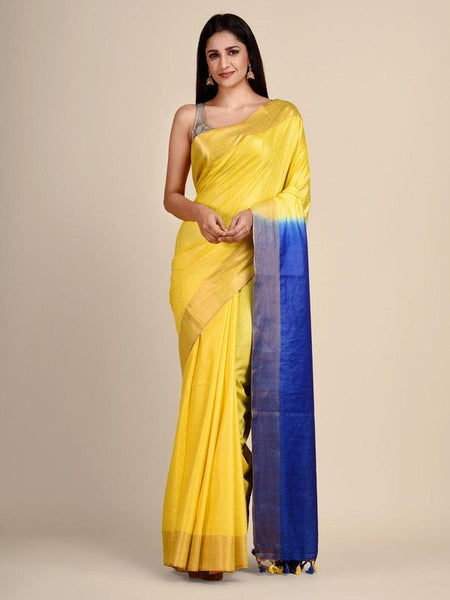 Bhaglpuri Handloom Tussar Silk Munga Blend Canary Yellow & Bayie Blue Saree for women's
