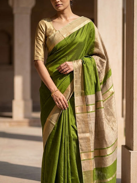 Tussar Cotton Silk Bhagalpuri Saree with Designed Border for women with Free Blouse Piece (Avocado Green) - View 4