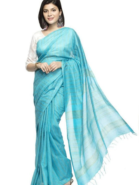 Kota Art Silk Handloom Striped Saree (Cyan)