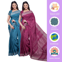 Cerulean Blue & Raspberry Pink women's Bhagalpuri Handloom Cotton-Linen Blend Saree Combo (Pack Of 2) With Running Unstiched Blouse Piece - View 2