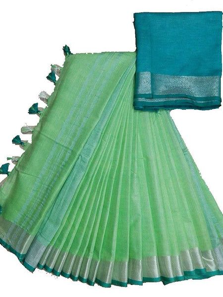 Light Green-Cyan women's Handloom Bhagalpuri Linen Cotton Blend Saree Ethnic Wear With Contrast Unstitched Blouse Piece - View 2
