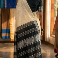 Elegant Linen Cotton Blend Saree for WDS | Cream Saree with Contrast Woven Pallu & Silver Zari Border | Traditional Ethnic Wear - View 2