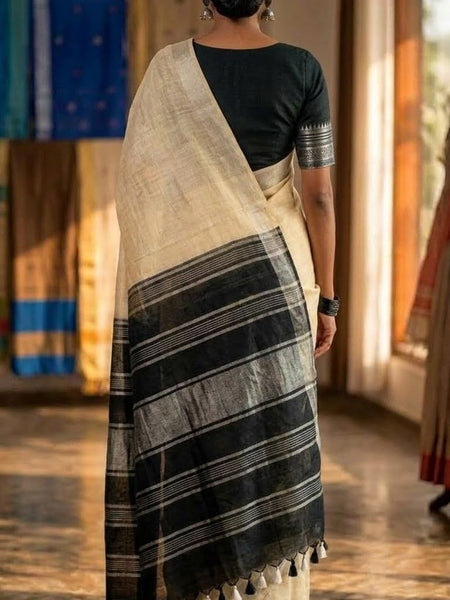 Elegant Linen Cotton Blend Saree for WDS | Cream Saree with Contrast Woven Pallu & Silver Zari Border | Traditional Ethnic Wear - View 2