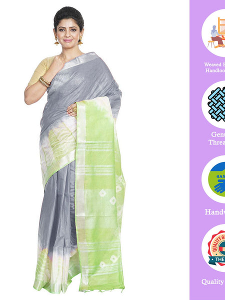 Grey & Light Green women's Bhagalpuri Handloom Cotton Linen Slub Blend Tie Two Dye (Sibory Two Dye) Saree With Running Unstitched Blouse Piece - View 2