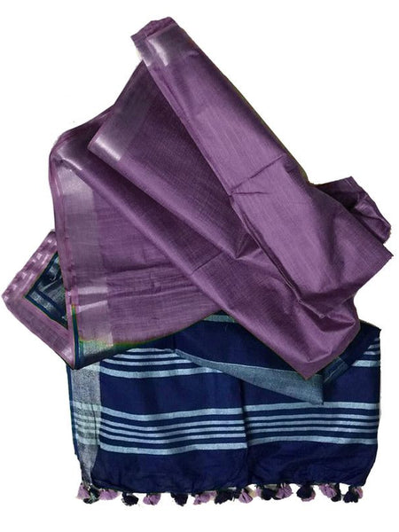 Royal Blue & Wisteria Purple women's Bhagalpuri Ethnic Wear Handloom Cotton Linen Slub Blend Zari Border Two Dye Saree With Running Unstitched Blouse Piece - View 2
