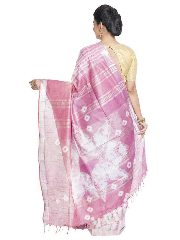 Slate Blue & Han Pink women's Bhagalpuri Handloom Cotton Linen Slub Blend Tie Two Dye (Sibory Two Dye) Saree With Running Unstitched Blouse Piece - View 4