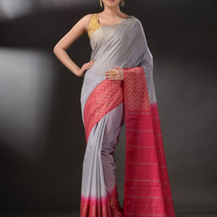 Handloom Multi Dye Bhagalpuri Semi Tussar Silk Saree with Blouse Piece (Troit_Grey & Poppy_Pink) - View 2